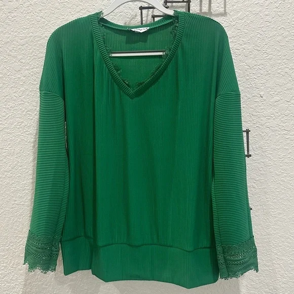 Green Ribbed Long Sleeve Top with Lace Trim | Easy Everyday Fit | NWT - Picture 5 of 8